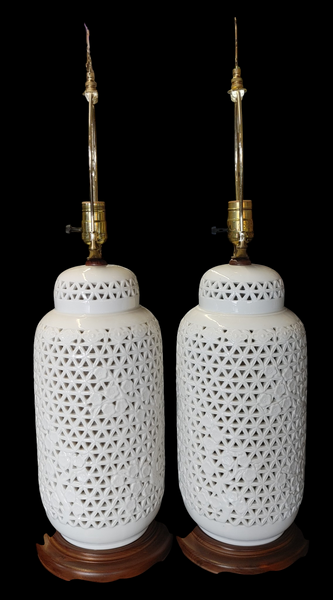Pair of Vintage Blanc De Chine Reticulated Porcelain Table Lamps with Cherry Blossom Motif