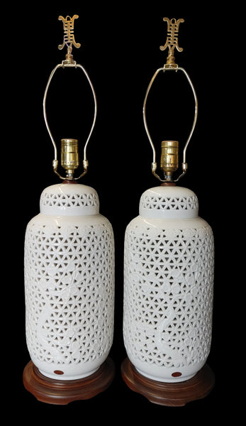 Pair of Vintage Blanc De Chine Reticulated Porcelain Table Lamps with Cherry Blossom Motif