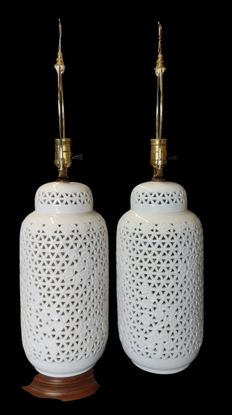 Pair of Vintage Blanc De Chine Reticulated Porcelain Table Lamps with Cherry Blossom Motif