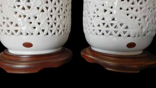 Pair of Vintage Blanc De Chine Reticulated Porcelain Table Lamps with Cherry Blossom Motif