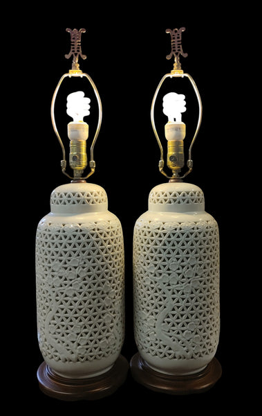 Pair of Vintage Blanc De Chine Reticulated Porcelain Table Lamps with Cherry Blossom Motif