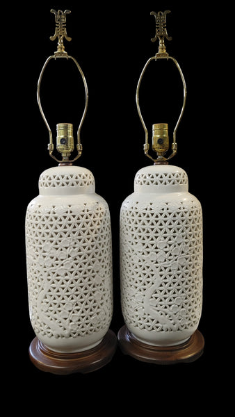 Pair of Vintage Blanc De Chine Reticulated Porcelain Table Lamps with Cherry Blossom Motif