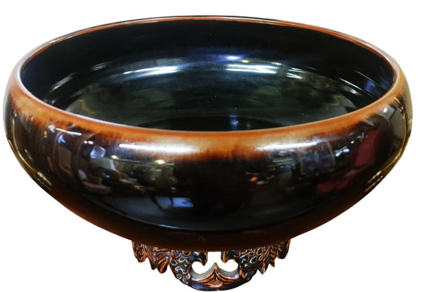 Artisan-Crafted Koi Pedestal Bowl in Glossy Obsidian and Copper