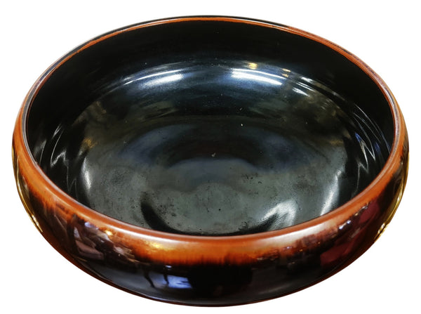 Artisan-Crafted Koi Pedestal Bowl in Glossy Obsidian and Copper