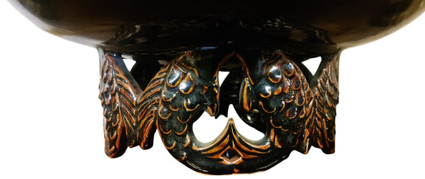 Artisan-Crafted Koi Pedestal Bowl in Glossy Obsidian and Copper