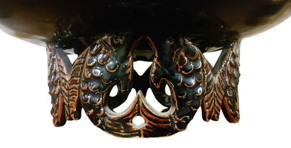 Artisan-Crafted Koi Pedestal Bowl in Glossy Obsidian and Copper