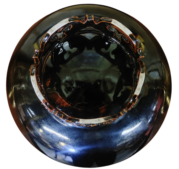 Artisan-Crafted Koi Pedestal Bowl in Glossy Obsidian and Copper