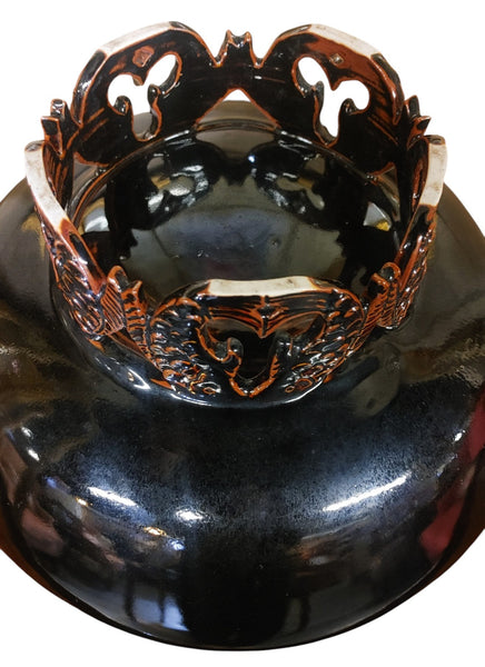 Artisan-Crafted Koi Pedestal Bowl in Glossy Obsidian and Copper