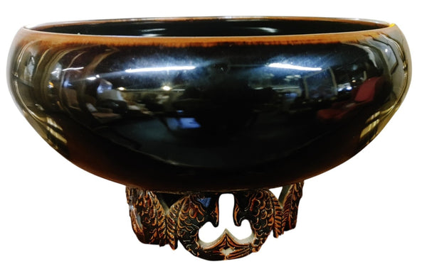 Artisan-Crafted Koi Pedestal Bowl in Glossy Obsidian and Copper