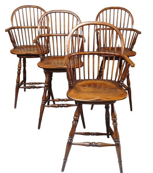 Vintage Windsor-Style Solid Oak Swivel Bar Stools – Set of 4
