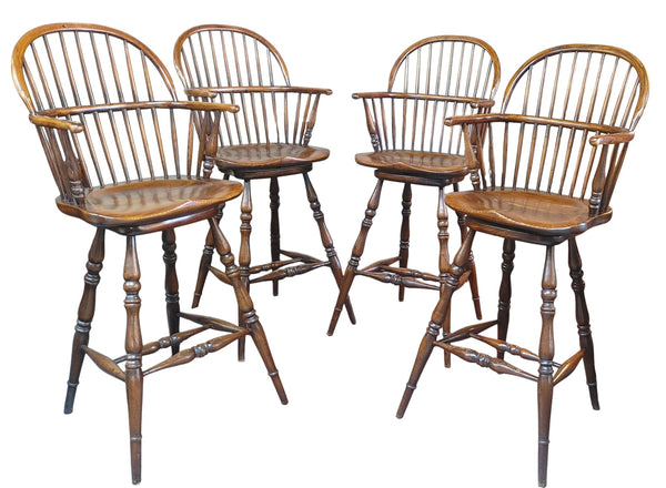 Vintage Windsor-Style Solid Oak Swivel Bar Stools – Set of 4