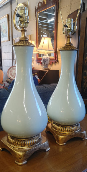 Pair Seagreen Crackle Ceramic Teardrop Footed Table Lamps