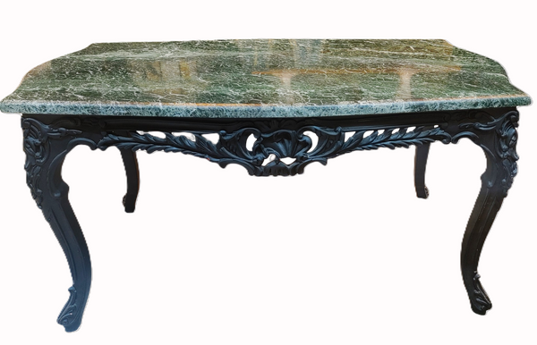 Vintage Carved Wood and Green Marble Coffee Table
