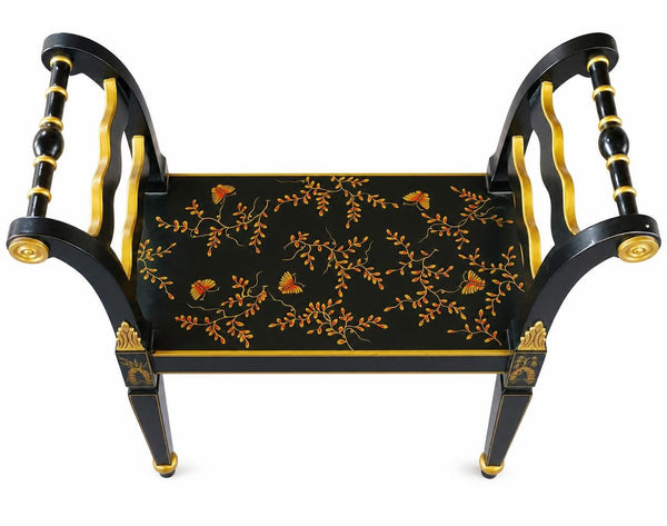 Chinoiserie Black Lacquered Wood Bench with Gold Floral Accents