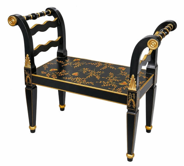 Chinoiserie Black Lacquered Wood Bench with Gold Floral Accents