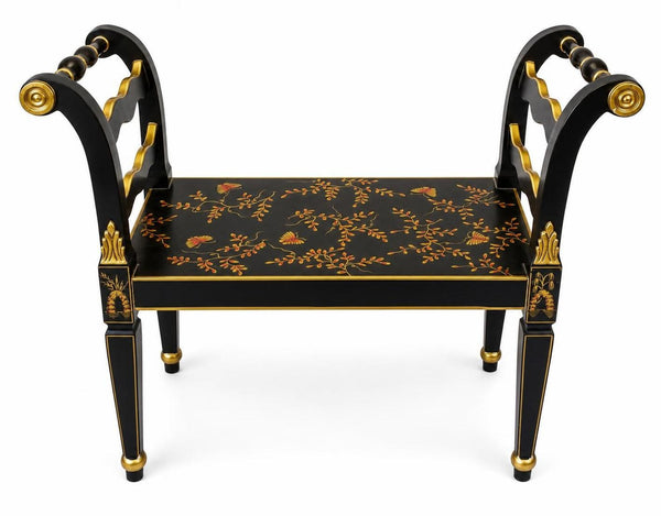 Chinoiserie Black Lacquered Wood Bench with Gold Floral Accents