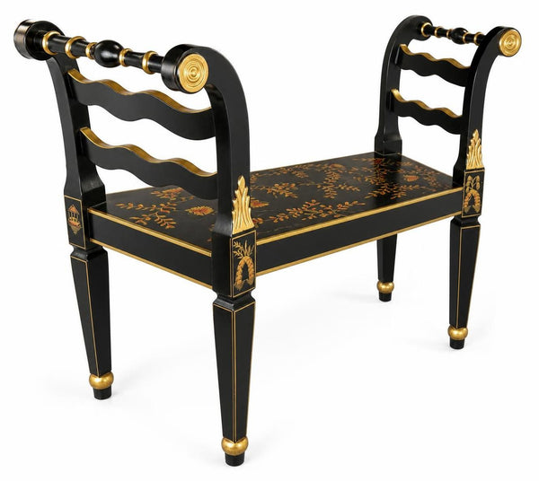 Chinoiserie Black Lacquered Wood Bench with Gold Floral Accents