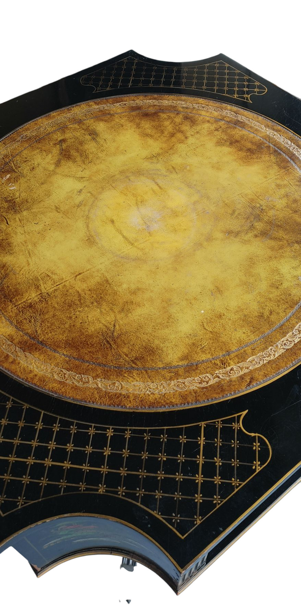 Oriental Chinoiserie Pedestal Accent Table Black Lacquer Leather Top ...