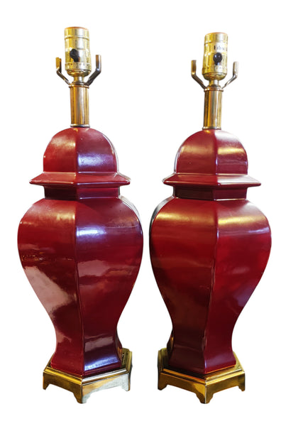 Vintage Ethan Allen Hexagonal Oxblood Red Ginger Jar Lamps - A Pair