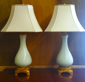 Pair Seagreen Crackle Ceramic Teardrop Footed Table Lamps