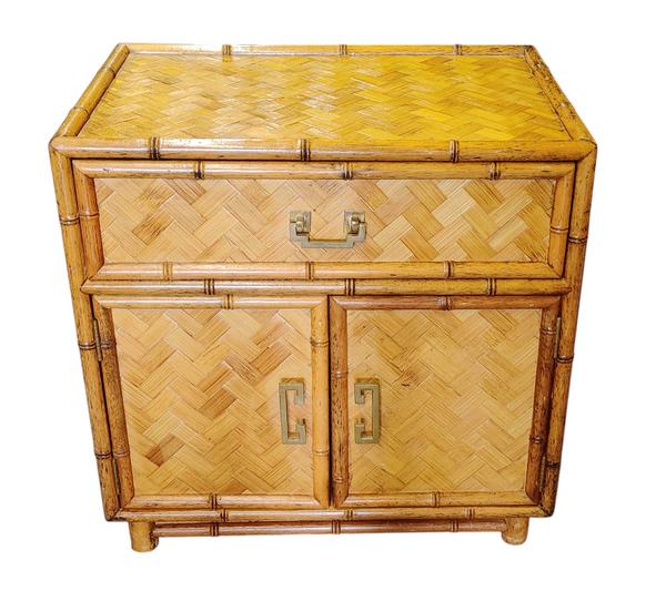 Boho Chic Faux Bamboo and Herringbone Wicker Chest Cabinet