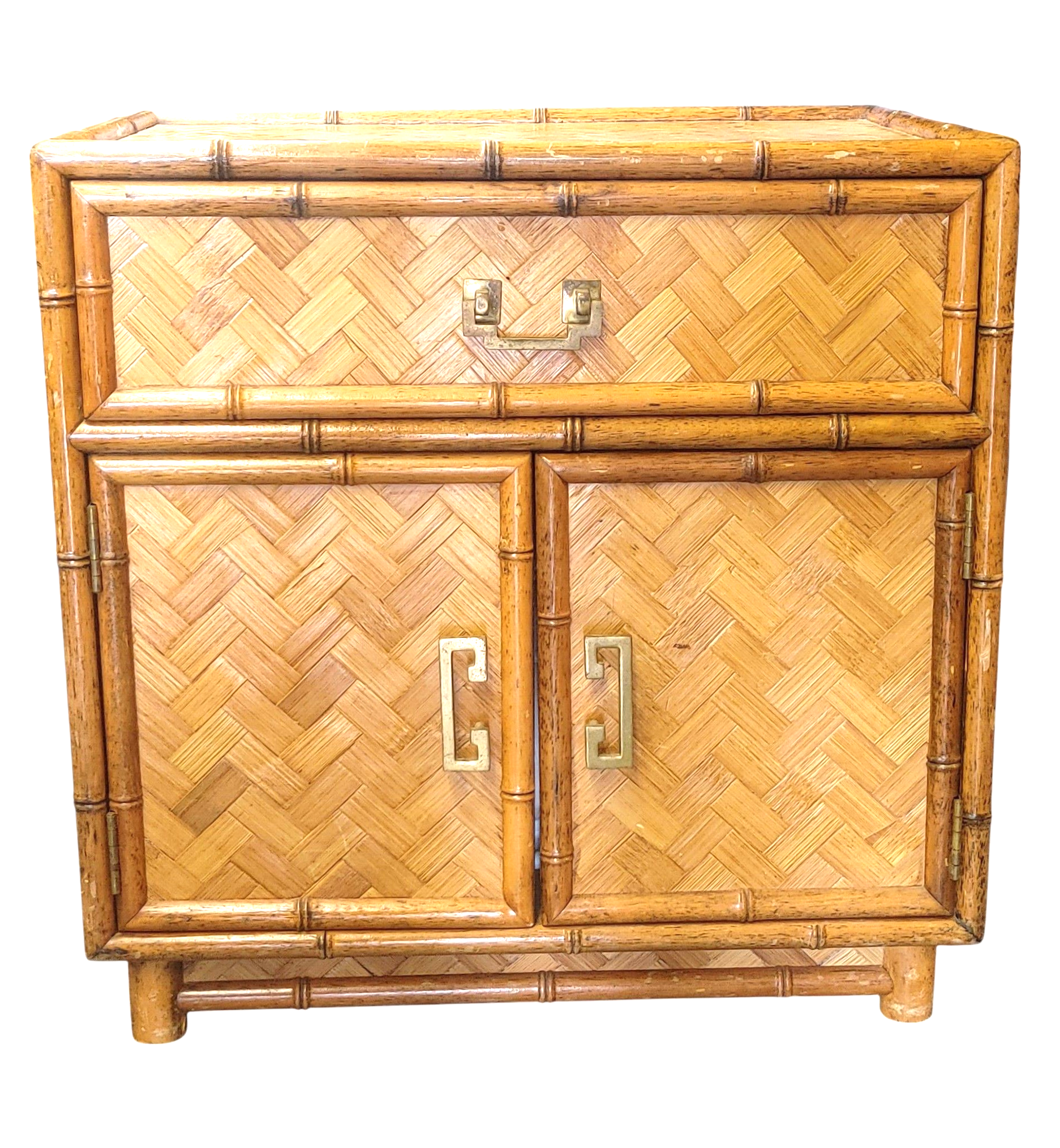 Boho Chic Faux Bamboo and Herringbone Wicker Chest Cabinet