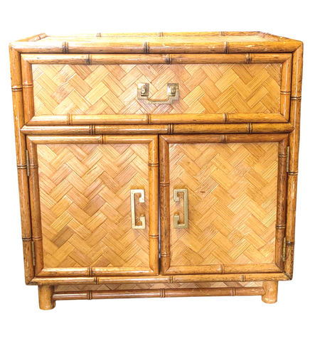 Boho Chic Faux Bamboo and Herringbone Wicker Chest Cabinet