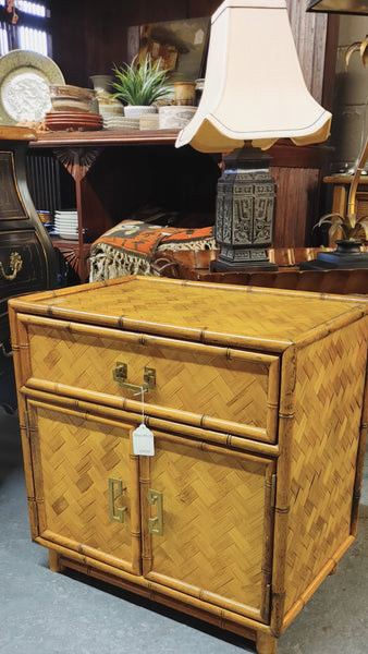 Boho Chic Faux Bamboo and Herringbone Wicker Chest Cabinet