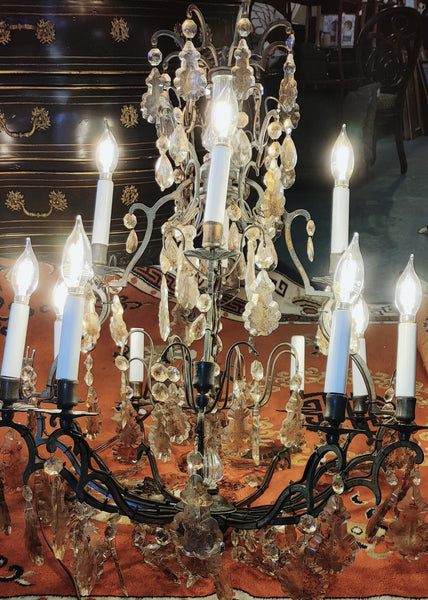 Vintage French Style Bronze and Crystal 12 Light Chandelier