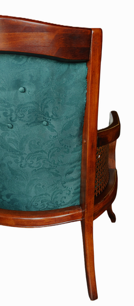 Mid Century French Provincial Cane Wood Damask Armchairs - A Pair