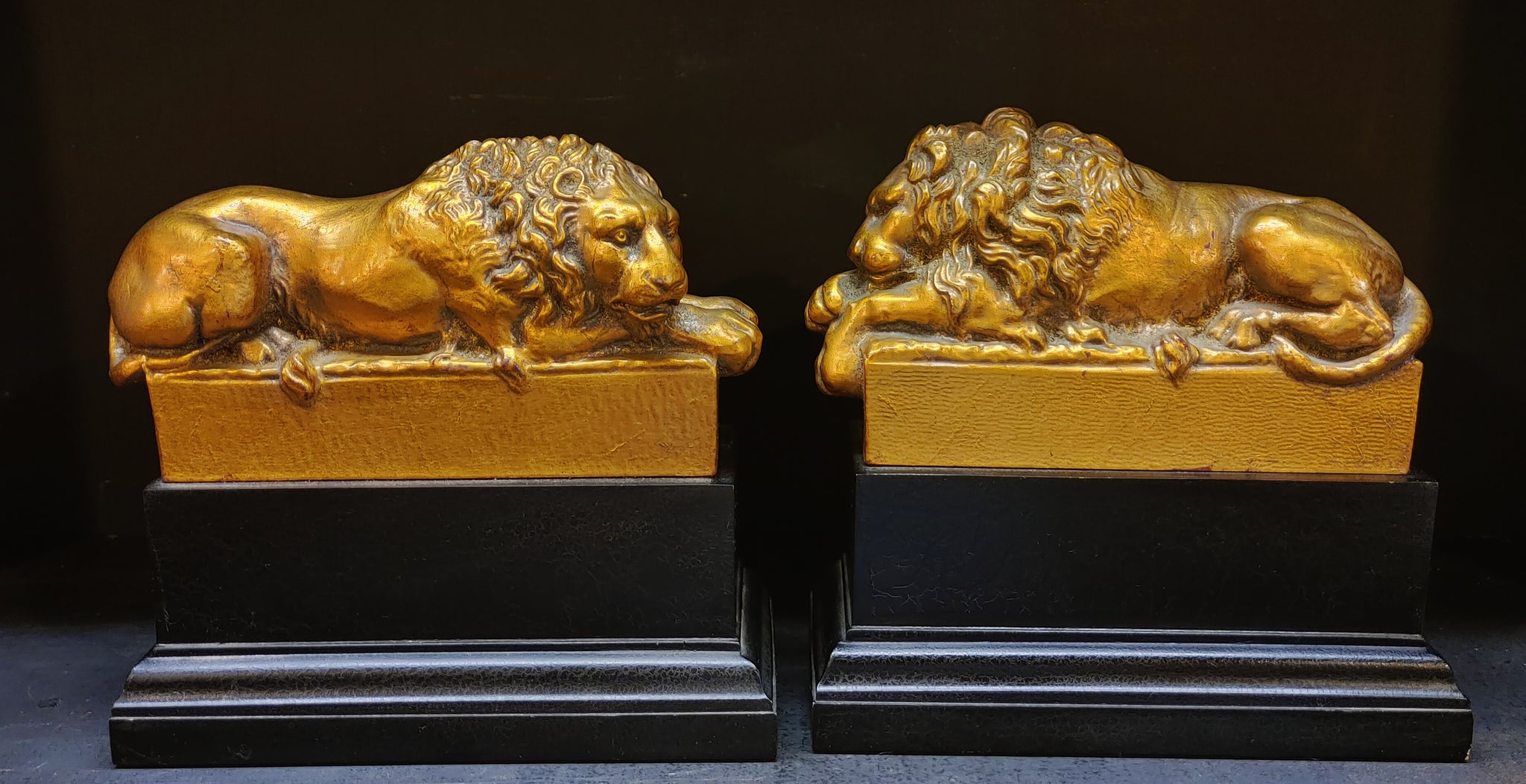 Vintage Lion Bookends on Base Black Gold - PAIR