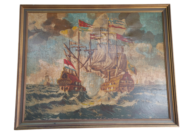 Large Classic Naval Battle Scene Mid-Century Revival Wood Frame