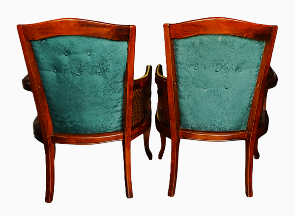 Mid Century French Provincial Cane Wood Damask Armchairs - A Pair