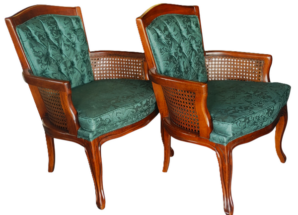 Mid Century French Provincial Cane Wood Damask Armchairs - A Pair