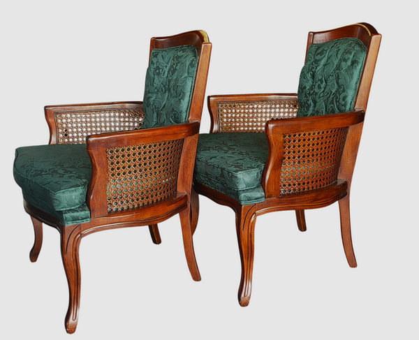 Mid Century French Provincial Cane Wood Damask Armchairs - A Pair