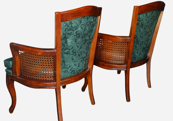 Mid Century French Provincial Cane Wood Damask Armchairs - A Pair