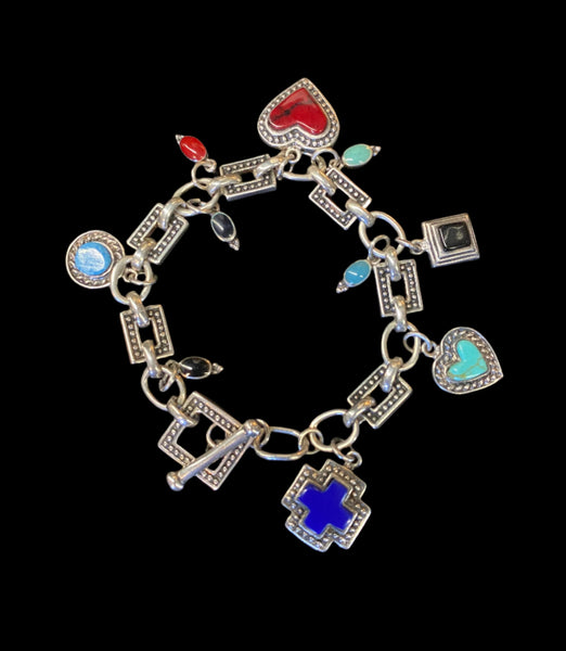 Sterling Silver Geometric Polished Stone Charm Bracelet