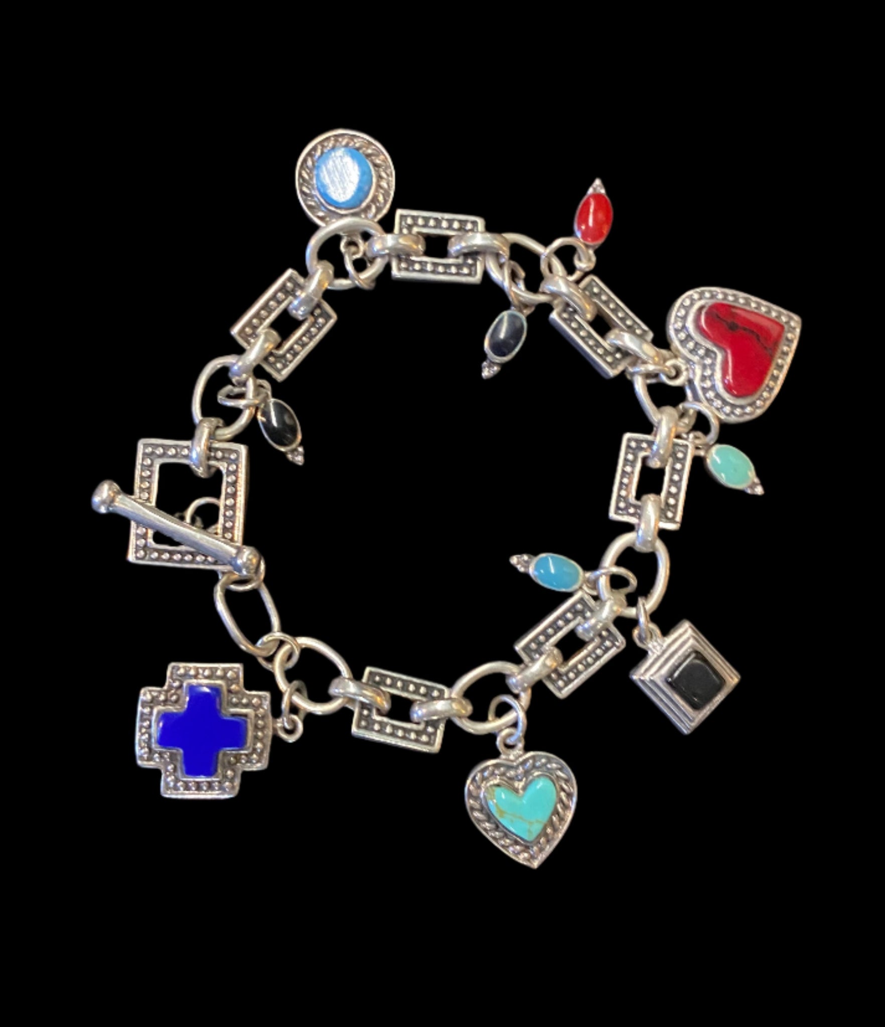 Sterling Silver Geometric Polished Stone Charm Bracelet