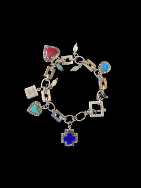 Sterling Silver Geometric Polished Stone Charm Bracelet