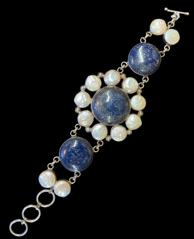 Lapis Lazuli Coin Pearl Bracelet 925 Sterling Silver