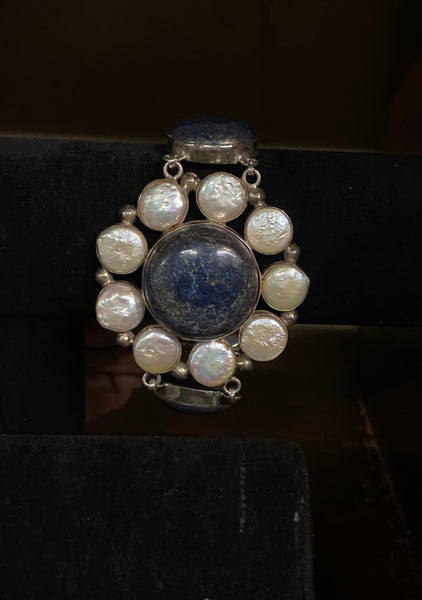 Lapis Lazuli Coin Pearl Bracelet 925 Sterling Silver
