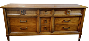 Thomasville MCM 9-Drawer Wood and Wicker Style Dresser Credenza Console