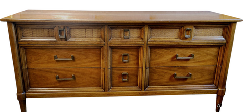 Thomasville MCM 9-Drawer Wood and Wicker Style Dresser Credenza Console