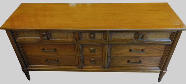 Thomasville MCM 9-Drawer Wood and Wicker Style Dresser Credenza Console