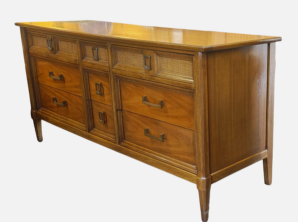 Thomasville MCM 9-Drawer Wood and Wicker Style Dresser Credenza Console