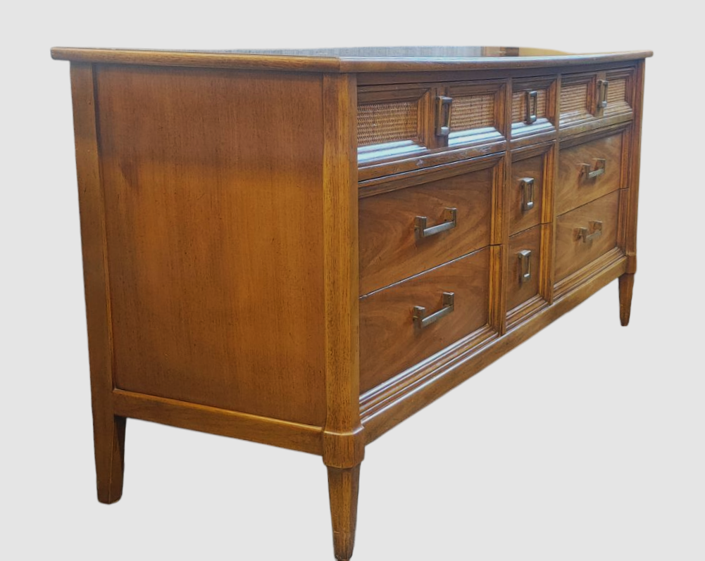 Thomasville MCM 9-Drawer Walnut Wood and Wicker Style Dresser
