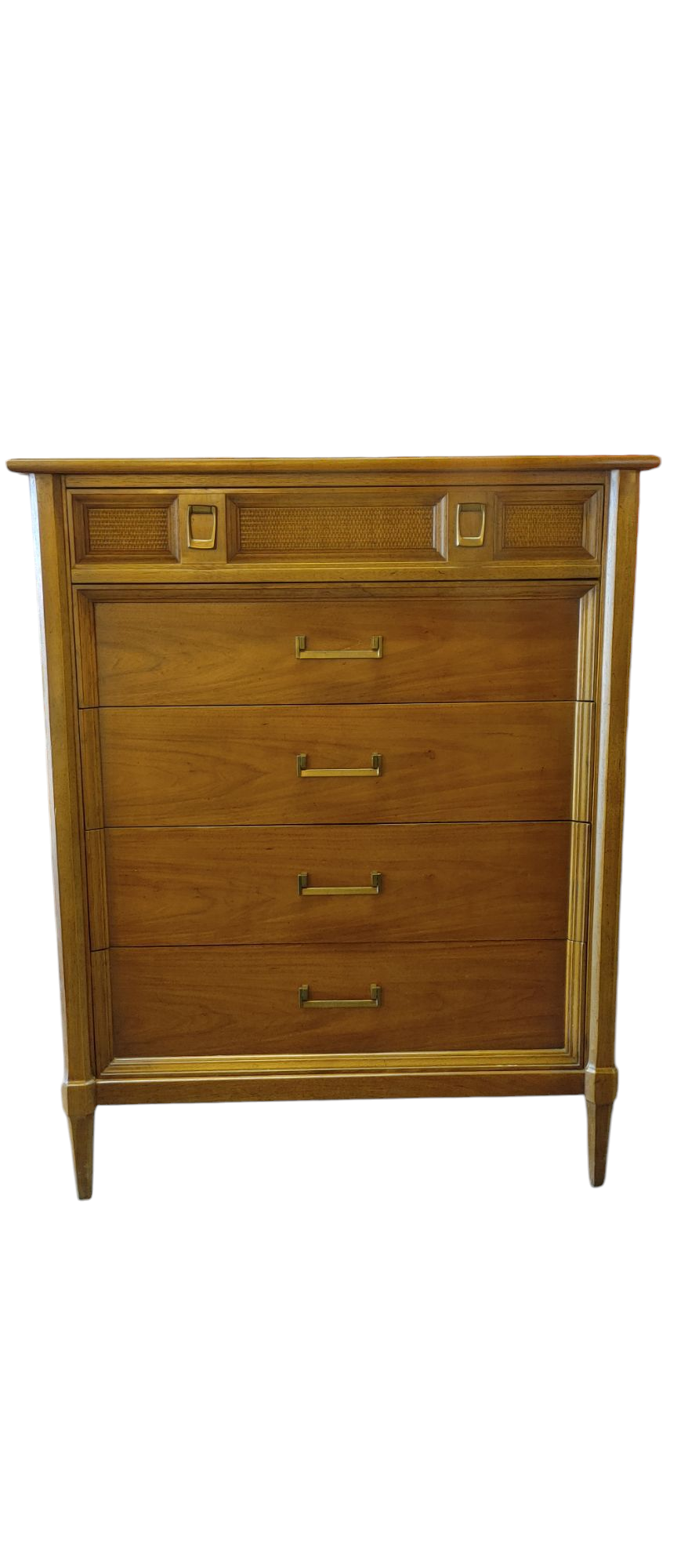 Thomasville MCM 5 Drawer Wood and Wicker Style Chest of Drawers