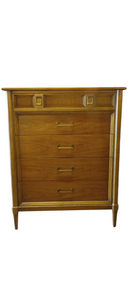 Thomasville MCM 5 Drawer Wood and Wicker Style Chest of Drawers