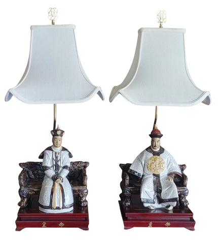 Vintage Chinoiserie Chinese Emperor & Empress Figural Table Lamps - A Pair