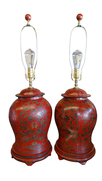 Pair Vintage Chinese Red Lacquer Ginger Jar Table Lamp Custom Made 20th Century